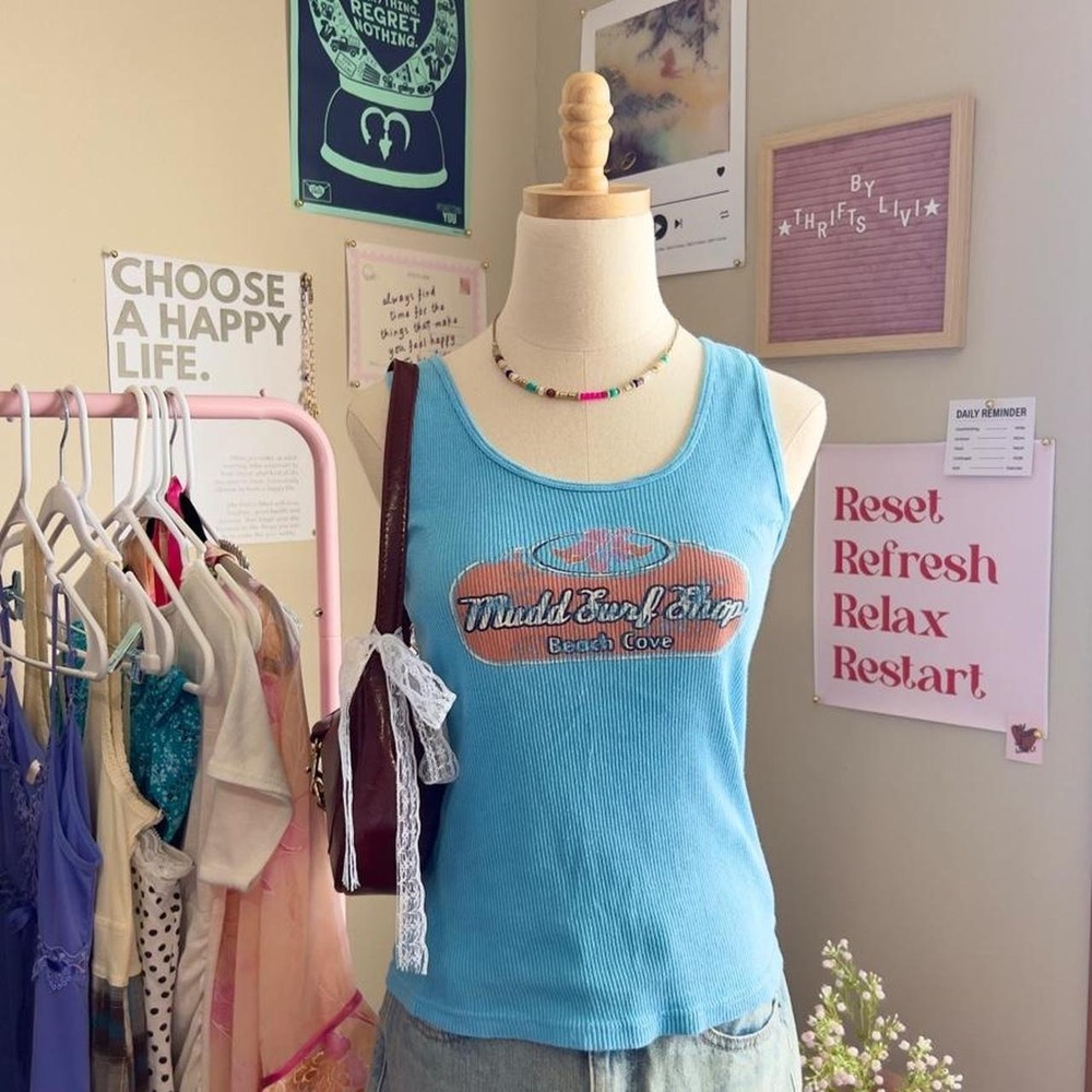 Vintage Y2K Mudd Surf Shop Blue Tank Top Hibiscus Flower Preppy